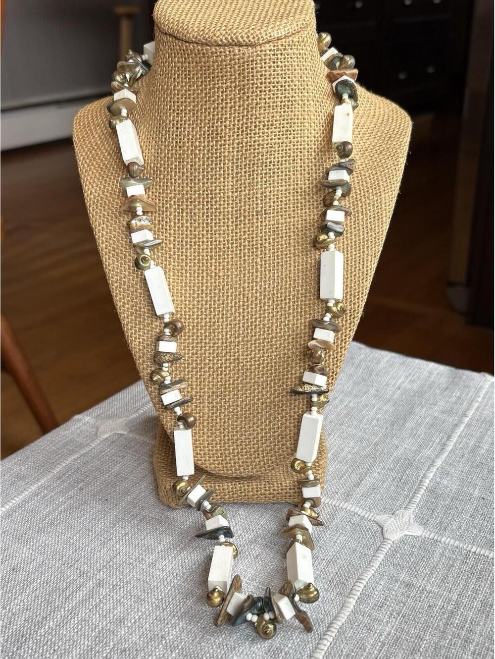 Vintage Miriam Haskell Necklace Abalone Shell White Lucite Beads Gold Tone